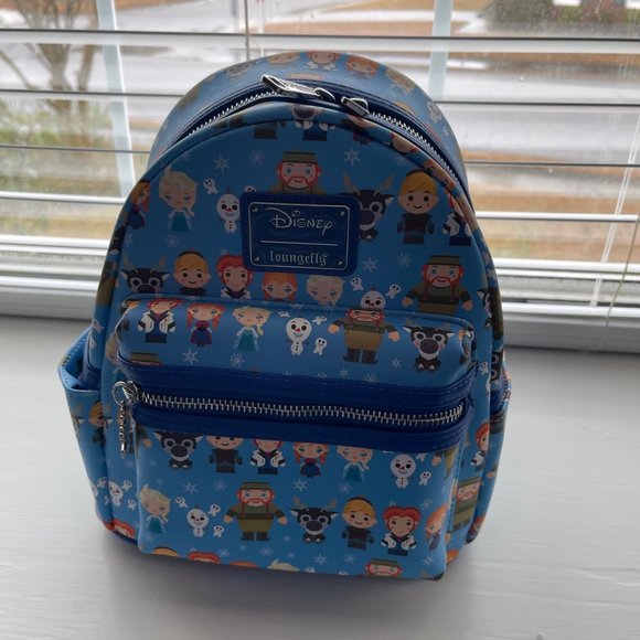 Loungefly Disney Frozen Elsa Anna Sven Olaf Print Chibi Mini Blue Backpack